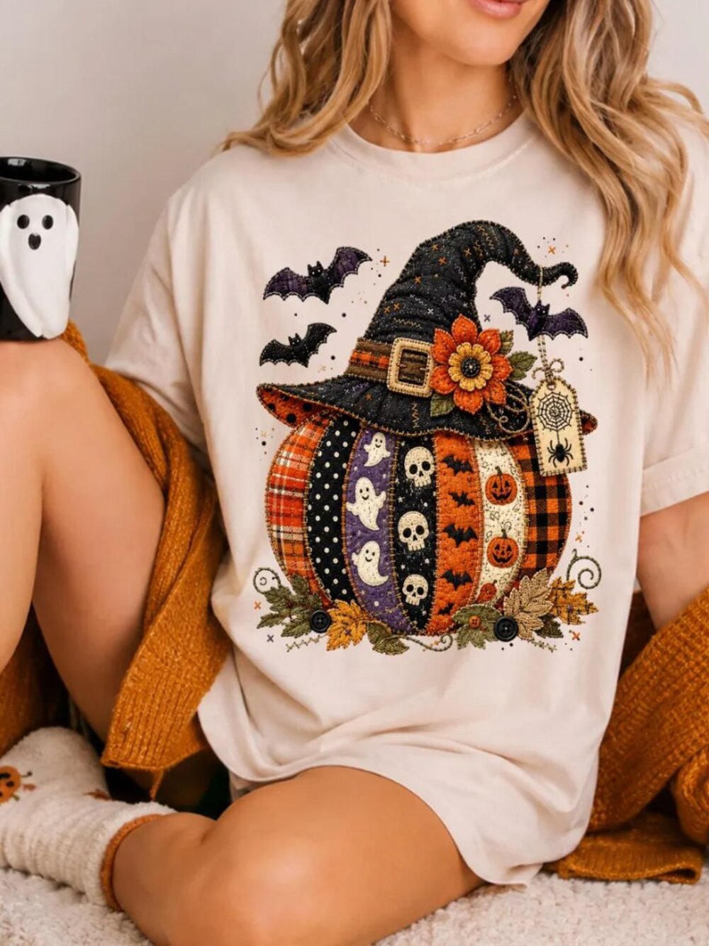 Patchwork Pumpkin Halloween Shirt, Spooky Pumpkin Tee,Witch Hat Pumpkin Shirt